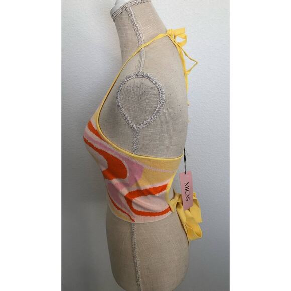 Micas Swirl Knit Retro Wavey Cropped Halter Open Back Top - L - Picture 4 of 6